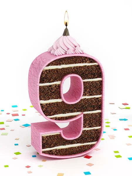 Number 9 shaped chocolate birthday cake with lit candle — Stock Photo, Image