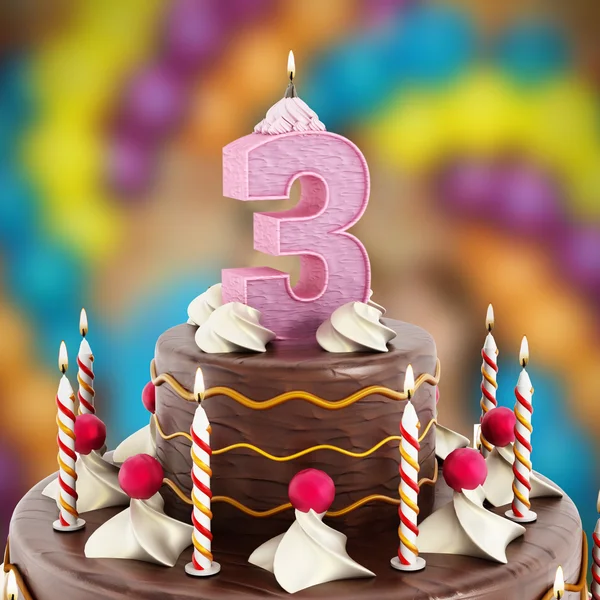 ロウソクの点灯している番号 3 のケーキ — ストック写真