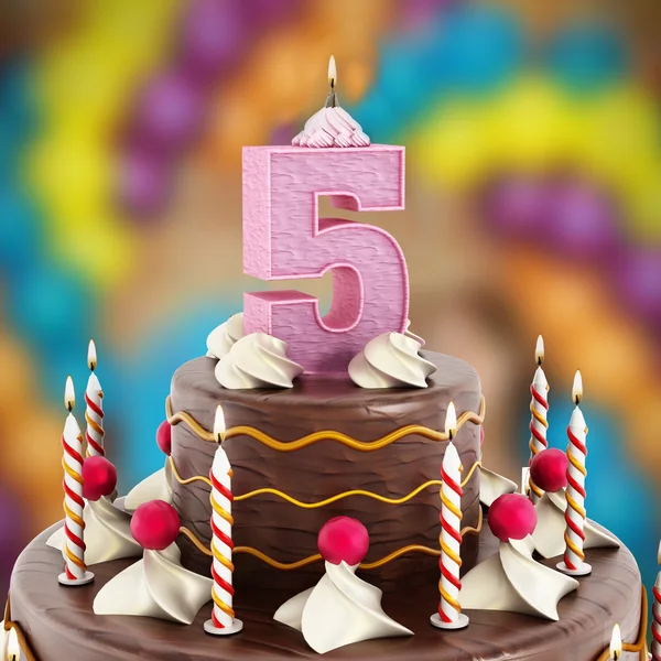 Birthday cake with number 5 lit candle — Stock Photo, Image