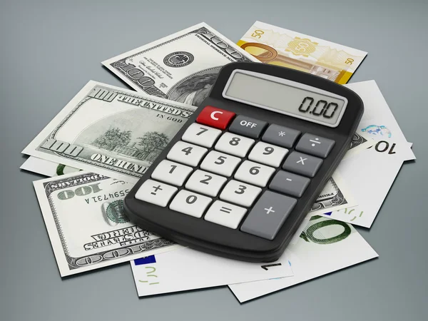 Calculator and paper currencies — Stock Photo, Image