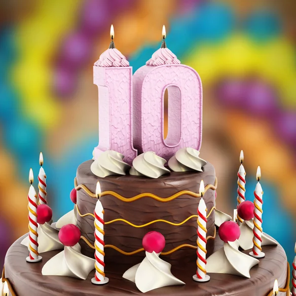 Gâteau d'anniversaire avec numéro 10 bougie allumée — Photo