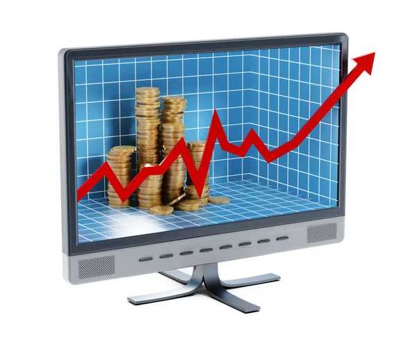 Gráfico financeiro e moedas dentro do monitor de computador — Fotografia de Stock