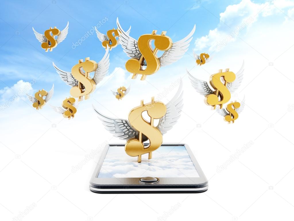 Dollar sign with wings on the smartphone