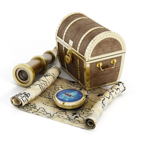 Treasure chest, map, compass and looking glass — Stock Photo, Image