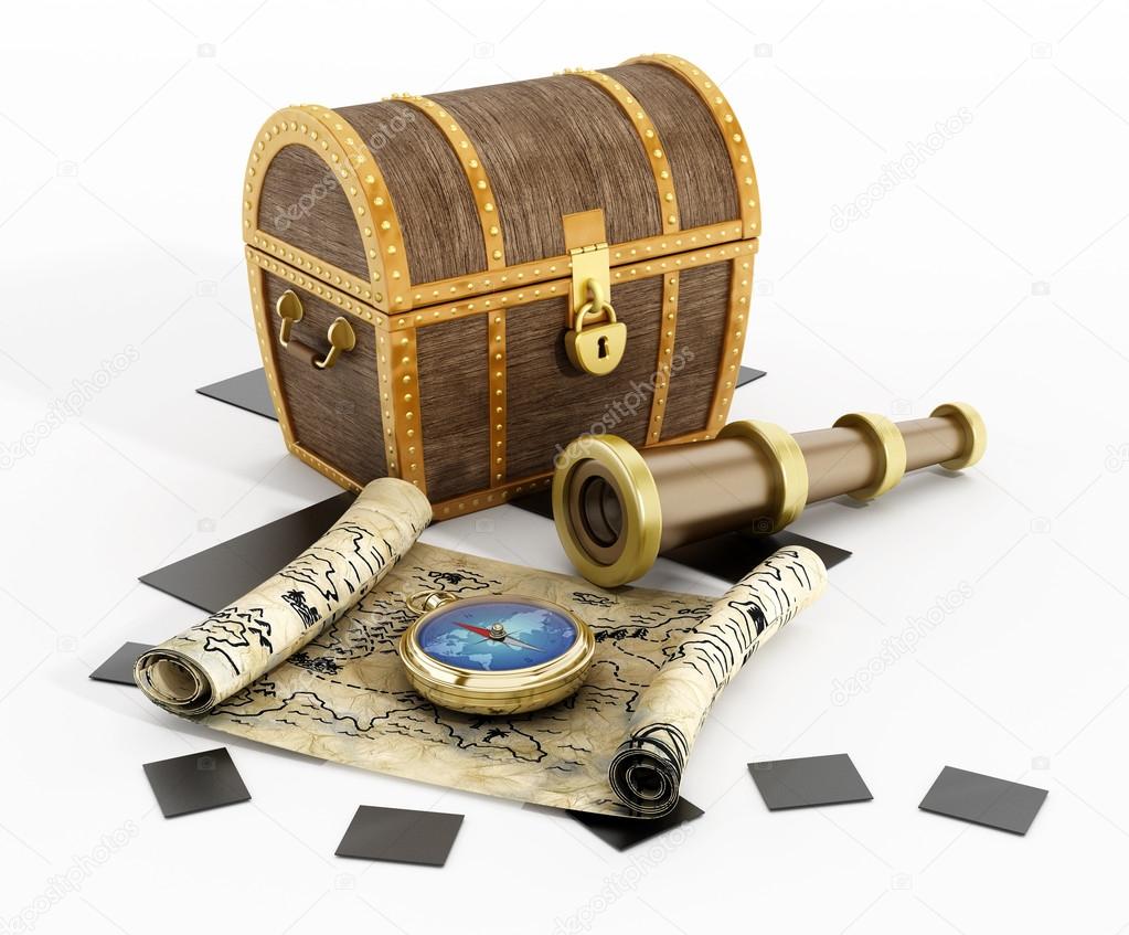 Treasure chest, map, compass and looking glass