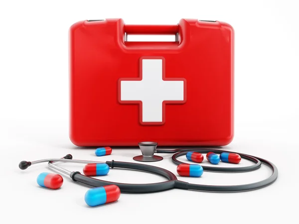 First aid kit, stethoscope and pills — Stock Photo, Image