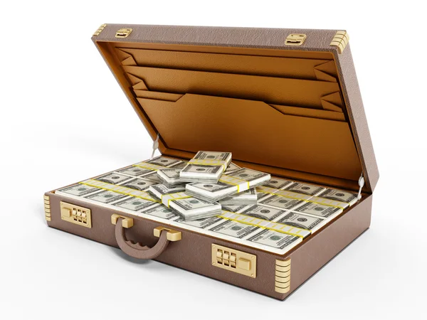 Открытый винтажный портфель, полный денег — стоковое фото