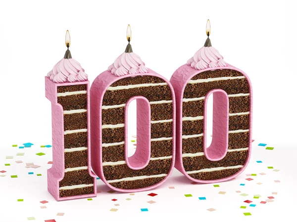 Číslo 100 tvaru čokoládový narozeninový dort s zapálil svíčku — Stock fotografie