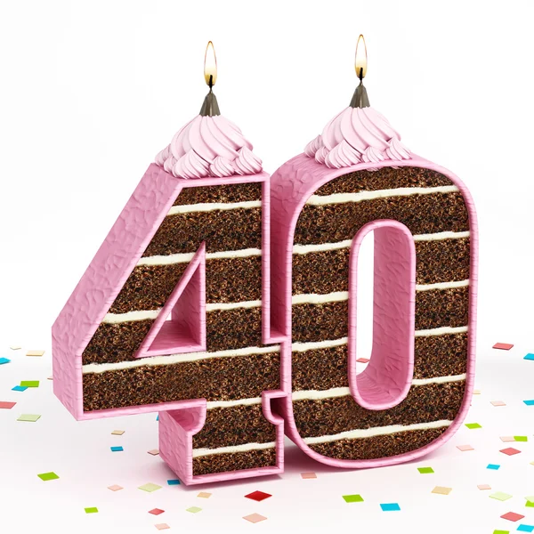 Number 40 shaped chocolate birthday cake with lit candle — Stock Photo, Image