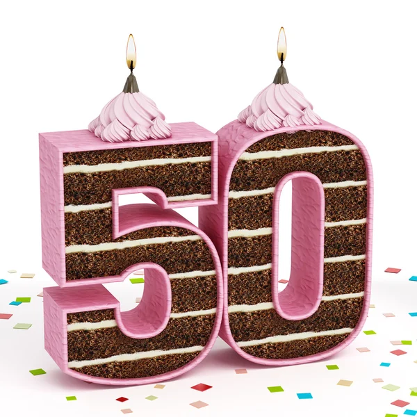 लिट मेणबत्तीसह क्रमांक 50 आकाराचे चॉकलेट वाढदिवस केक — स्टॉक फोटो, इमेज