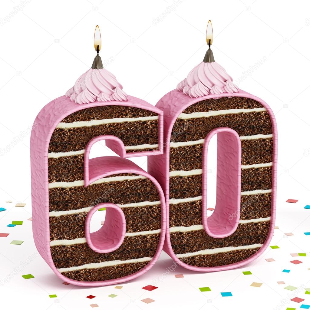 Number 60 shaped chocolate birthday cake with lit candle