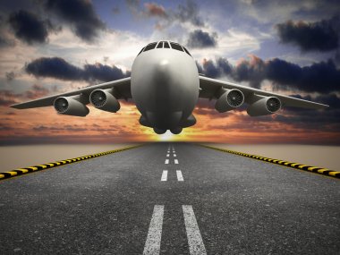 Passenger or cargo airplane taking off at sunset clipart