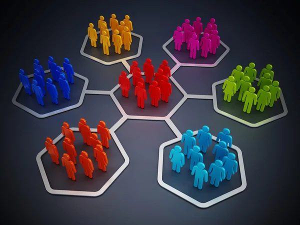 Multi-färgade människor i hexagoner kopplade till varandra — Stockfoto
