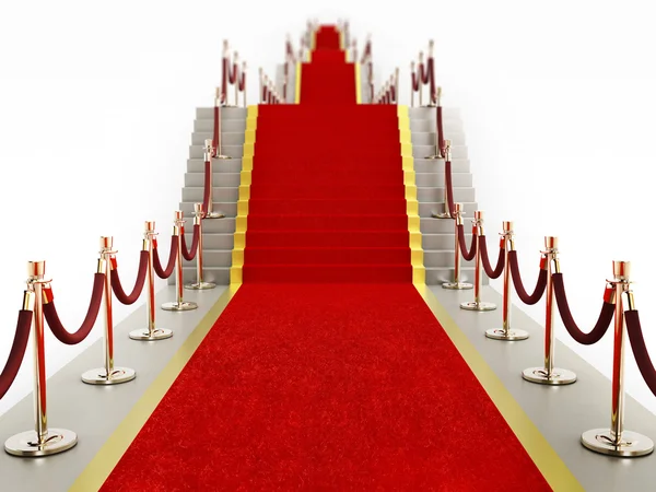 Vörös szőnyeg és a lépcsőház vezet bársony kötelek — Stock Fotó