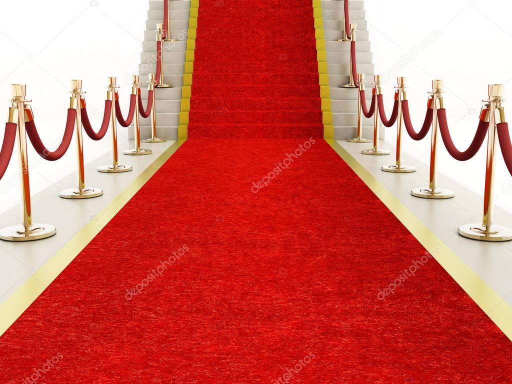 Red carpet and velvet ropes leading to the staircase