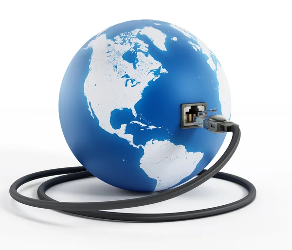 Network cable connected to the blue globe — Stock Photo, Image