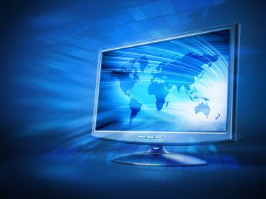 Mavi Dünya arka plan üstünde belgili tanımlık perde ile bilgisayar monitörü