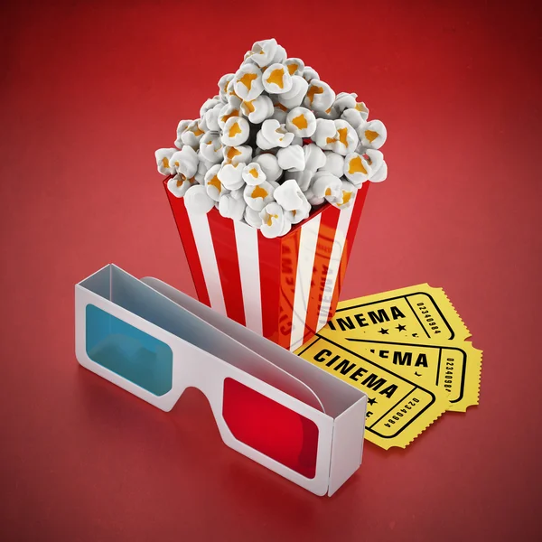 Palomitas de maíz, gafas 3D y entradas de cine sobre fondo rojo —  Fotos de Stock