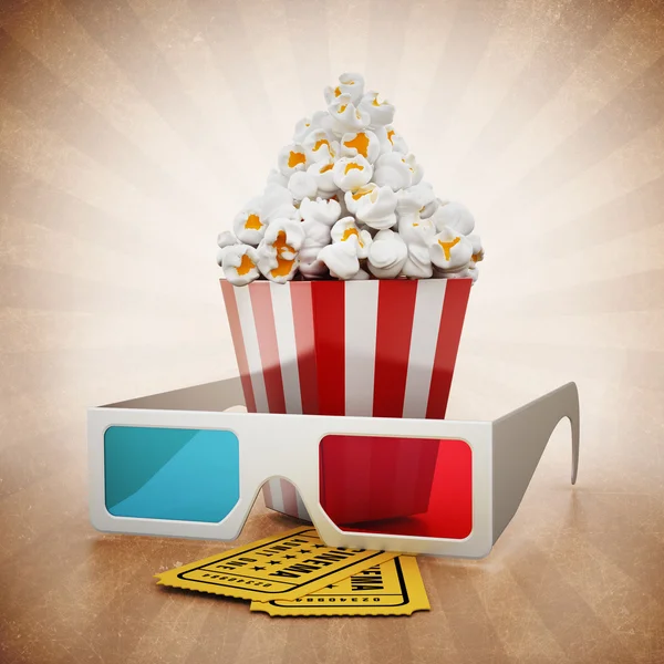 Popcorn, 3d brýle a vstupenky do kina na vinobraní pozadí — Stock fotografie
