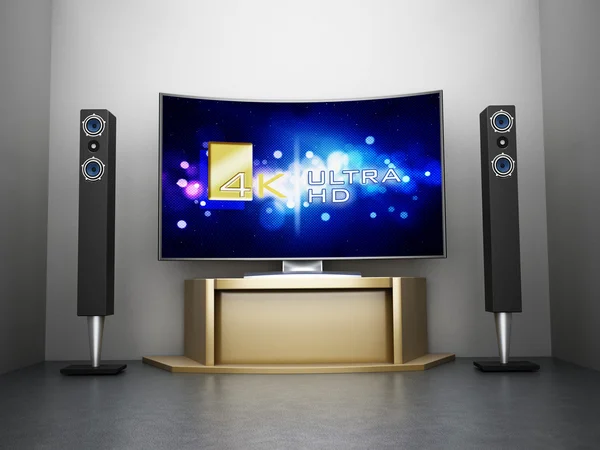 Ultra Hd kavisli Tv ve ev sinema sistemi — Stok fotoğraf