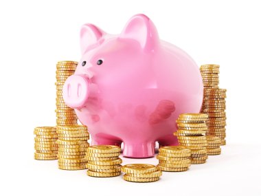 Altın sikke ve beyaz arka plan üzerinde izole kumbara