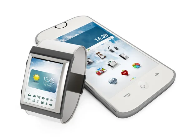 Smartphone e smartwatch isolati su sfondo bianco — Foto Stock