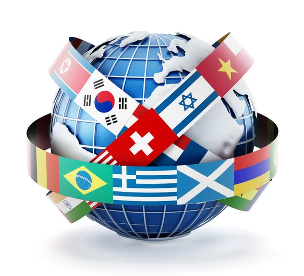 Bandiere internazionali sul globo — Foto Stock