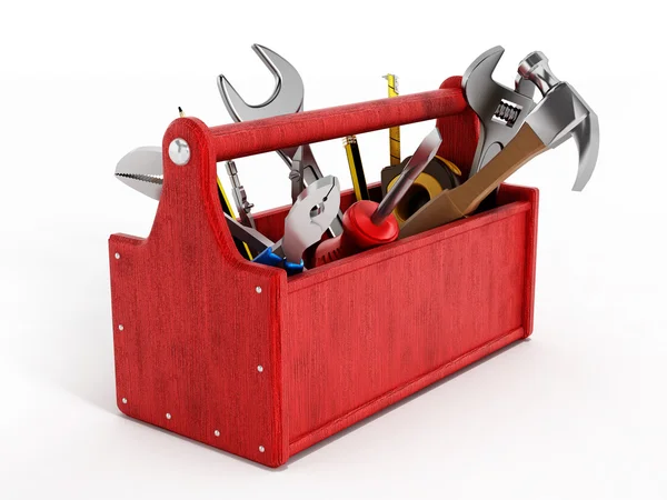 Caja de herramientas roja llena de herramientas manuales — Foto de Stock