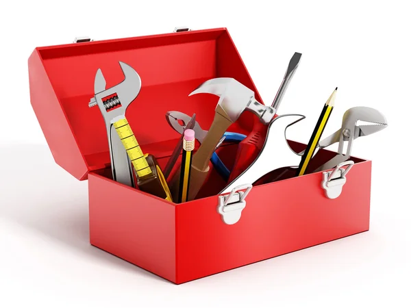 Röd verktygslåda full av handverktyg — Stockfoto