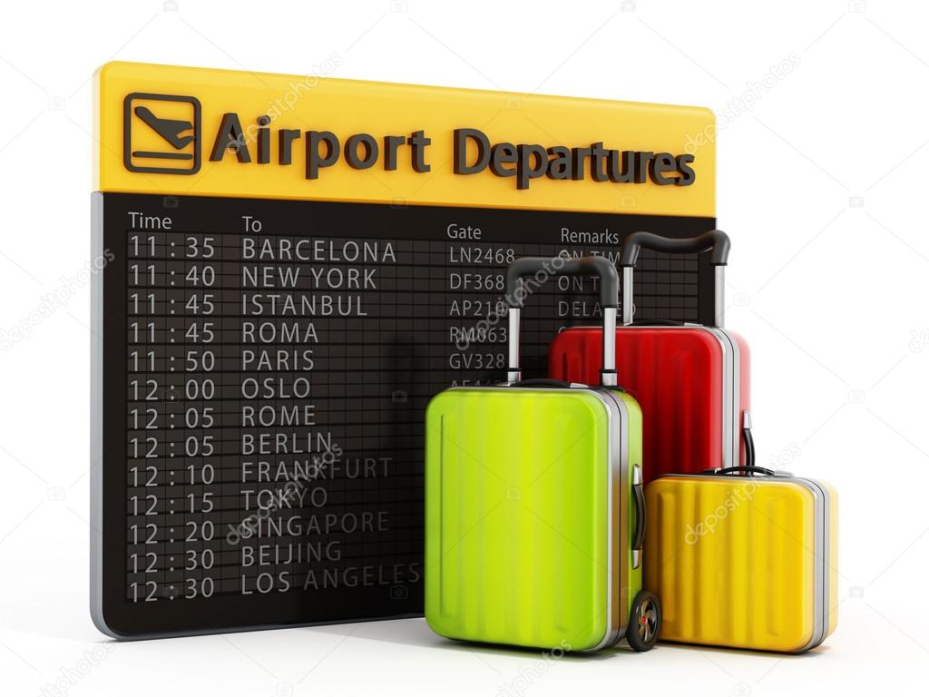 Airport departure board and suitcases