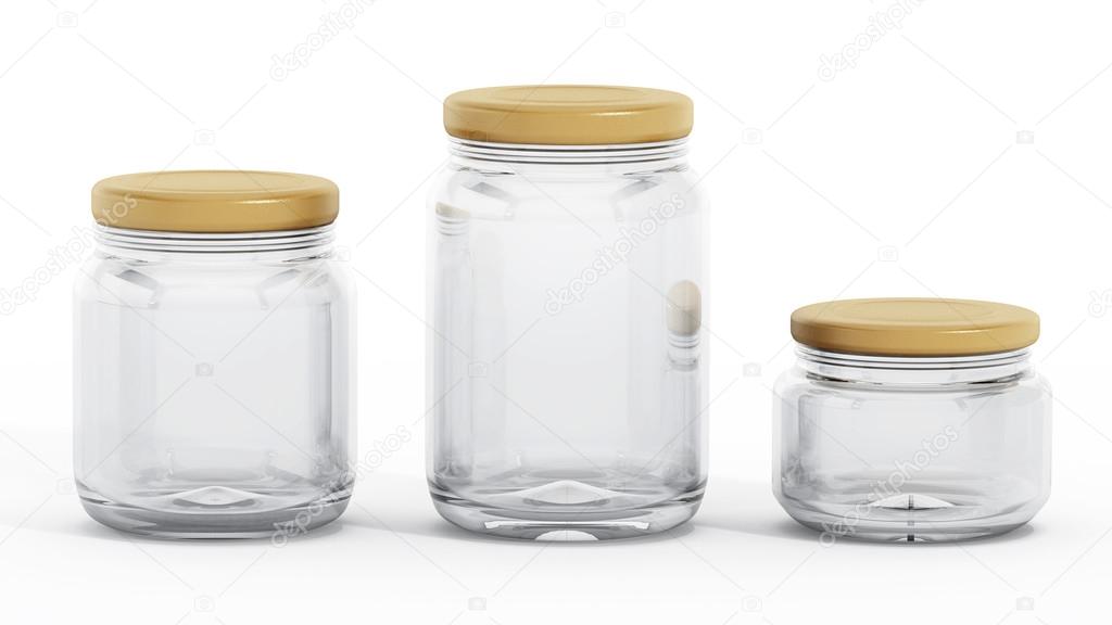 Isolated glass jars with red lids