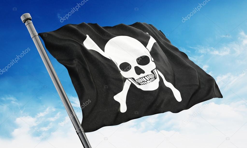 Pirate flag waving on blue background