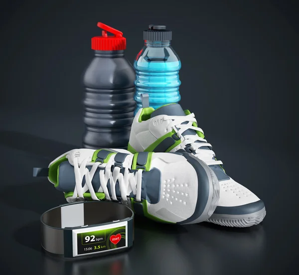 Zapatos para correr, botellas de agua y smartwatch — Foto de Stock