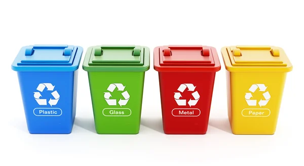 Plastic, glass, metal and paper recycle bins — Stock Photo, Image