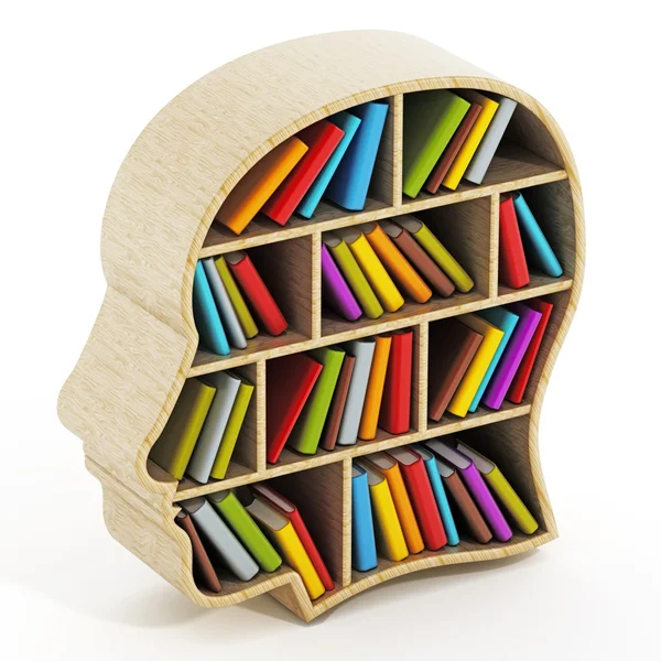 Boeken binnen hoofd gevormde boekenplank — Stockfoto