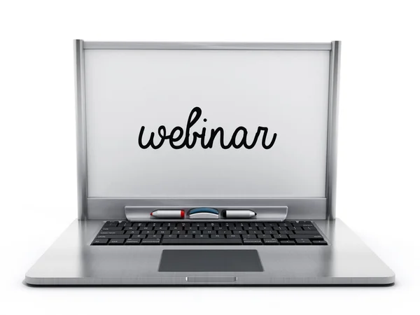 Computador portátil com placa branca com a palavra webinar — Fotografia de Stock