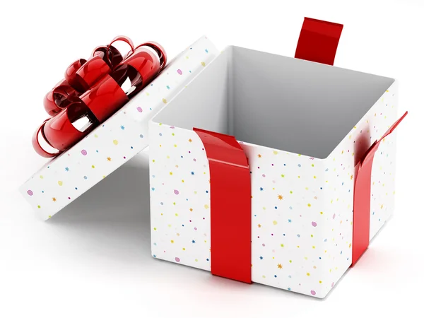 Open giftbox with red ribbons — Stock Photo, Image