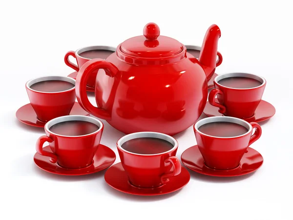 Red porcelain teapot and tea cups — Stock Photo, Image