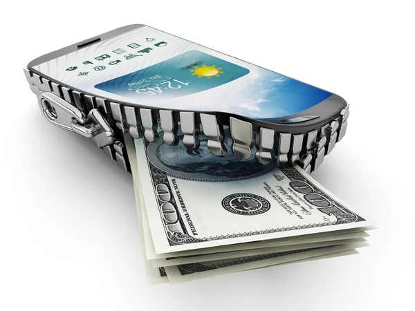 Banconote da 100 dollari provenienti dallo smartphone che viene aperto da una cerniera — Foto Stock