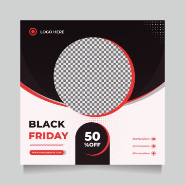 Yaratıcı ve temiz Kara Cuma sezonu sosyal medya paylaşımı ve dijital pazarlama için web afişi şablonu. Promosyon ürünü için modaya uygun bir şablon