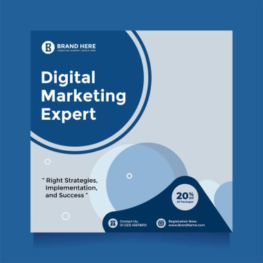 Modern and clean blue digital business marketing social media post and banner promotion. Digital marketing expert, square flyer template, editable web banner post template