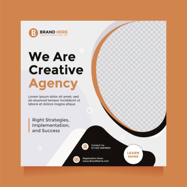 Trendy and clean creative agency design social media post and banner template promotion. Digital marketing agency, square flyer template, editable white, black, and orange  color web banner design post template