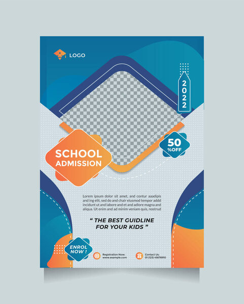 Creative flyer and brochure school education admission design template. Blue orange design vector with a photo collage with a4 format size