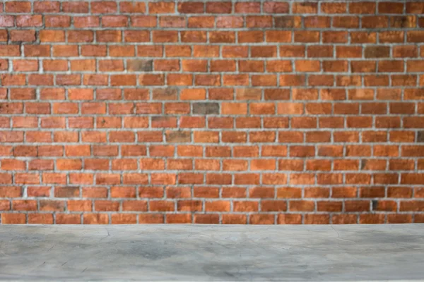 cement counter bar with brick wall, display shelf of product