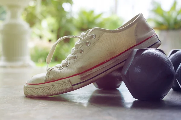 Chaussure de sport et haltère en métal, équipement de sport fitness — Photo