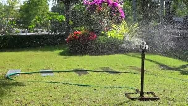 Slow Motion Draaibaar Water Spatten Tuin — Stockvideo