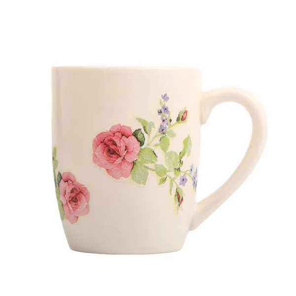 Mug with rose flower pattern isolated — Stock Photo, Image