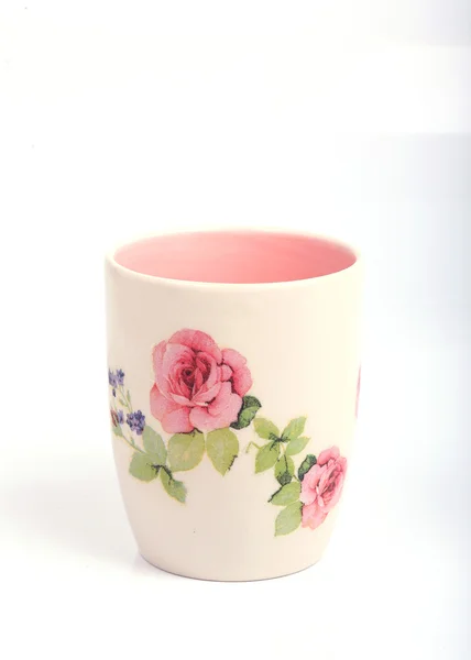 Mug with rose flower pattern isolated — Stock Photo, Image