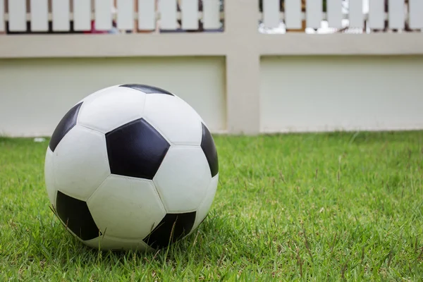 Μπάλα ποδοσφαίρου στο πράσινο γρασίδι — Φωτογραφία Αρχείου