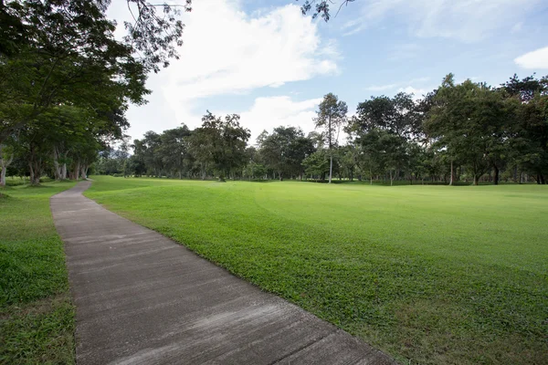 Golfbanan med sand bunker och grönt gräs — Stockfoto